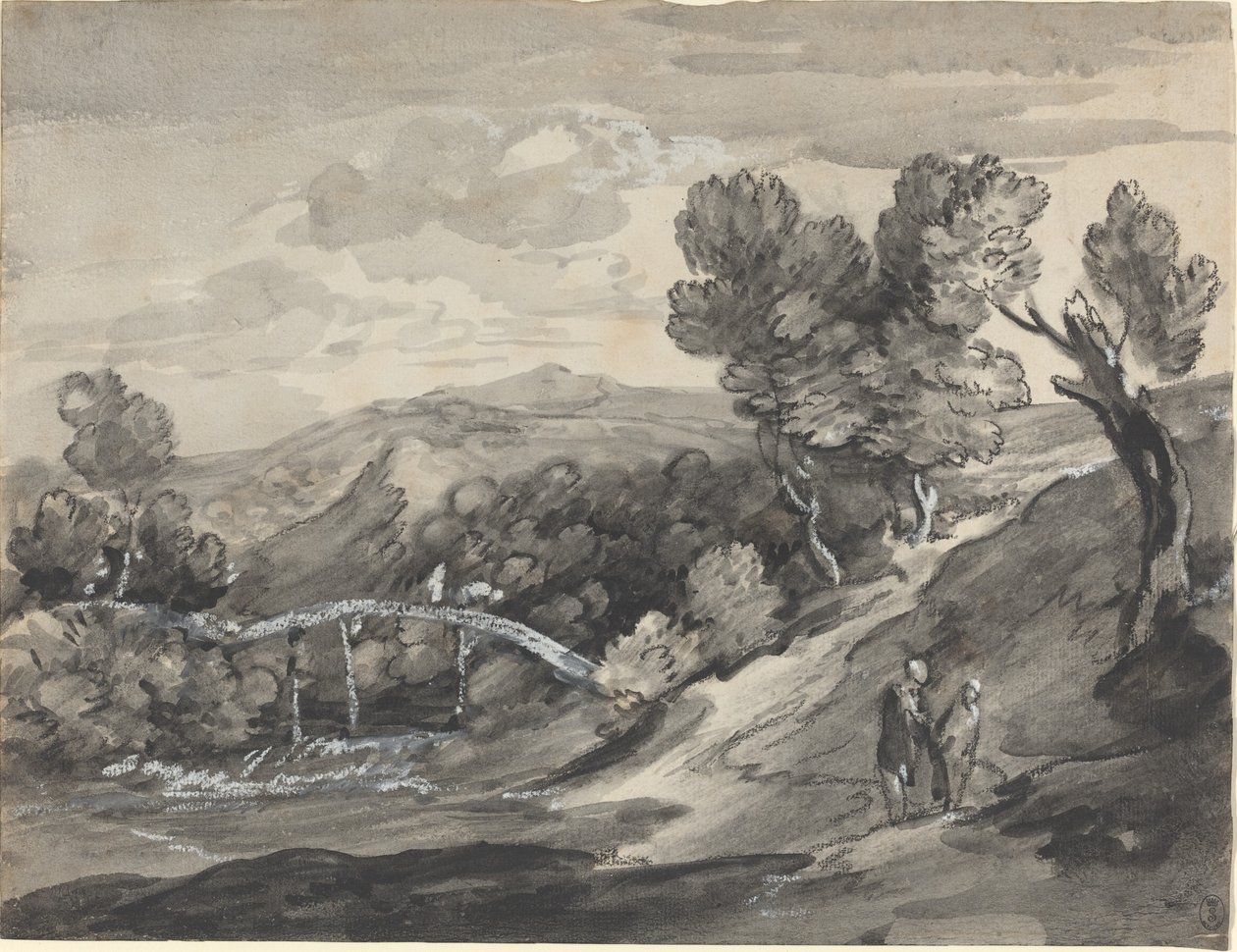 Skovklædt højlandskab med en bro af Thomas Gainsborough