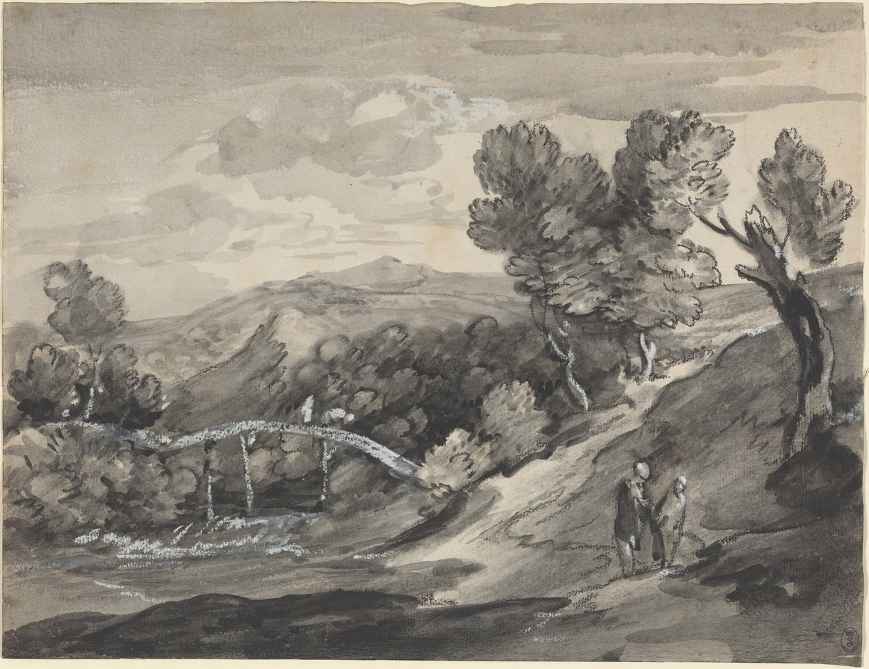 Skovklædt højlandslandskab med en bro af Thomas Gainsborough