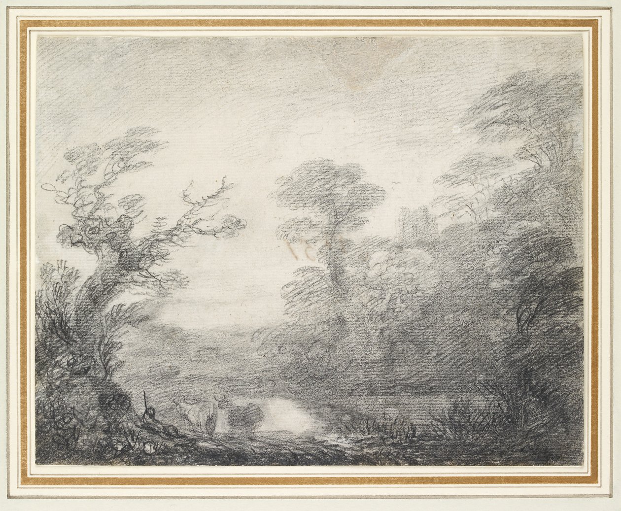 Skovklædt landskab med hyrde, køer og kirketårn af Thomas Gainsborough