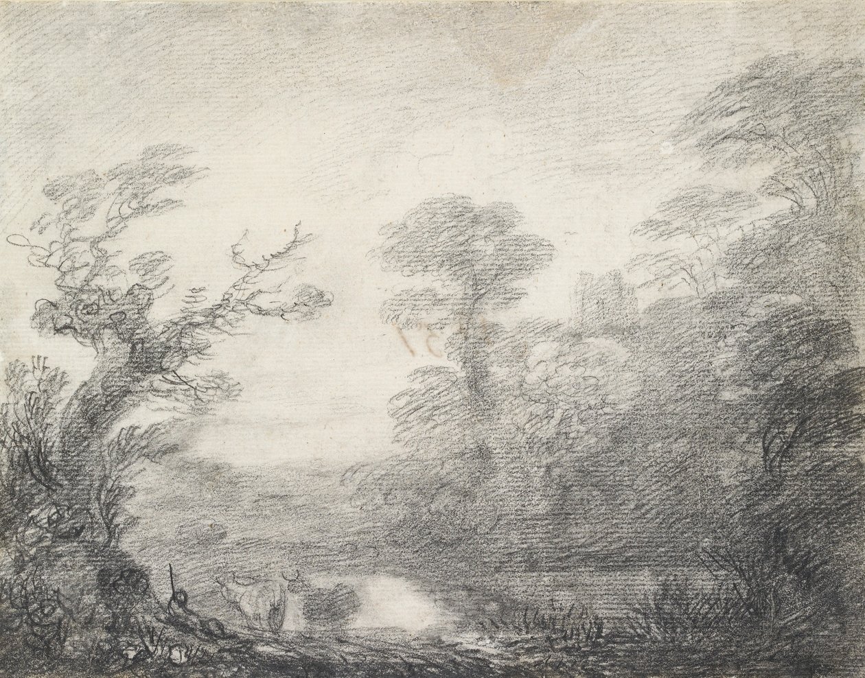 Skovklædt landskab med hyrde, køer og kirketårn, 1753-1757 af Thomas Gainsborough