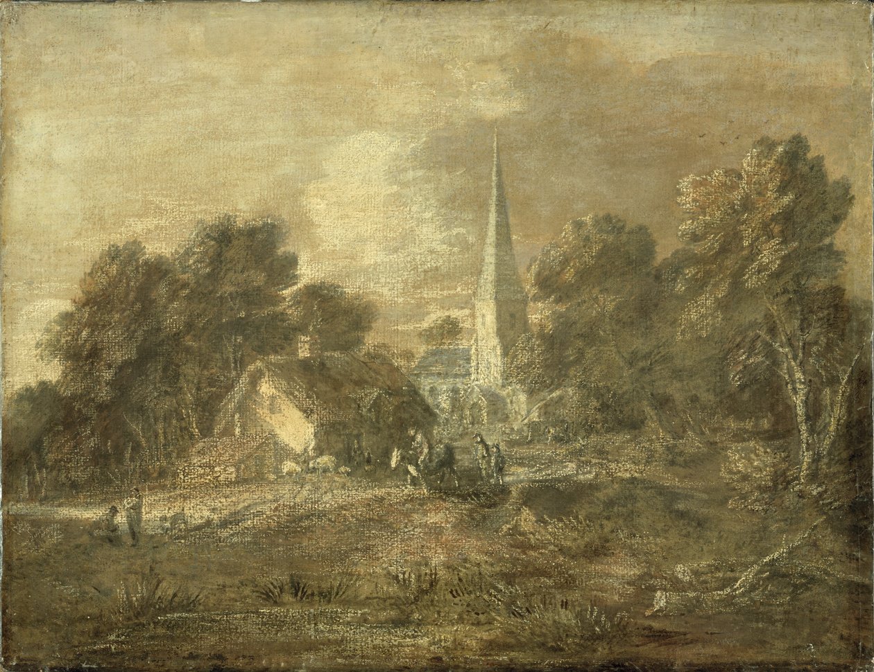 Skovklædt landskab med landsbyscene, begyndelsen af 1770-72 af Thomas Gainsborough