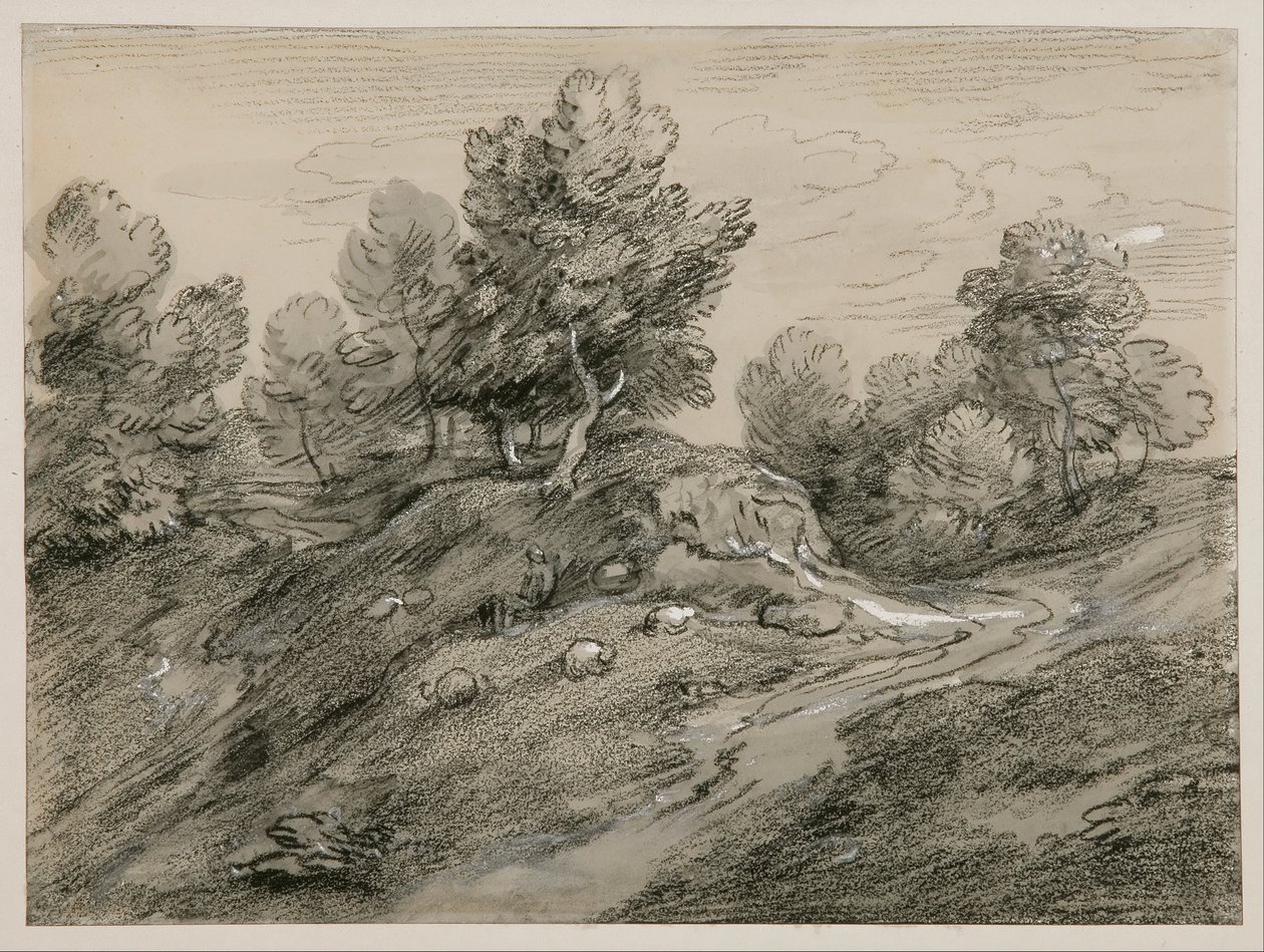 Skovklædt højlandskab med hyrde, får og en landevej, der snor sig om en bakke af Thomas Gainsborough