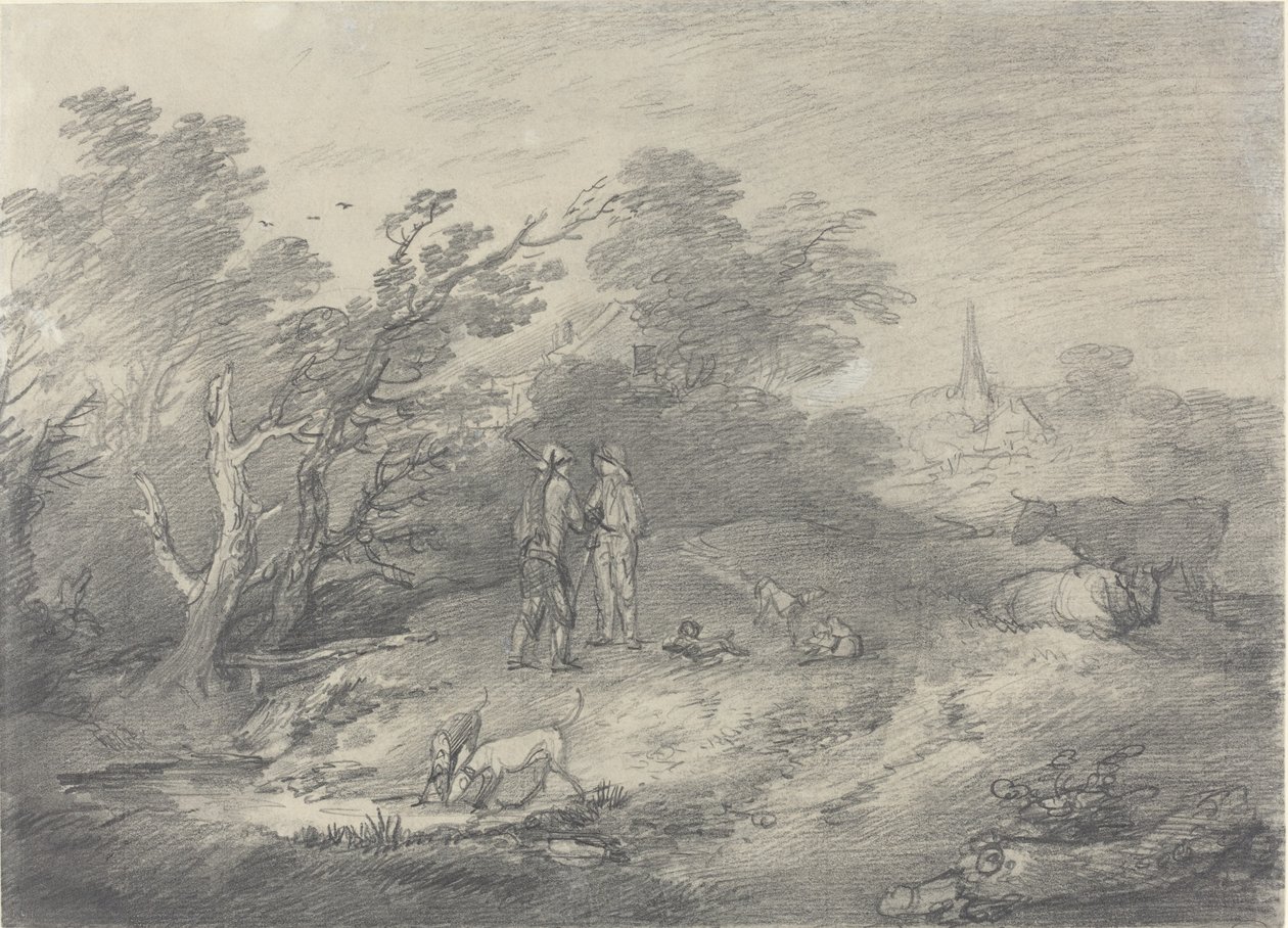 Skove nær en landsby med kaninfangere og deres greyhounds af Thomas Gainsborough