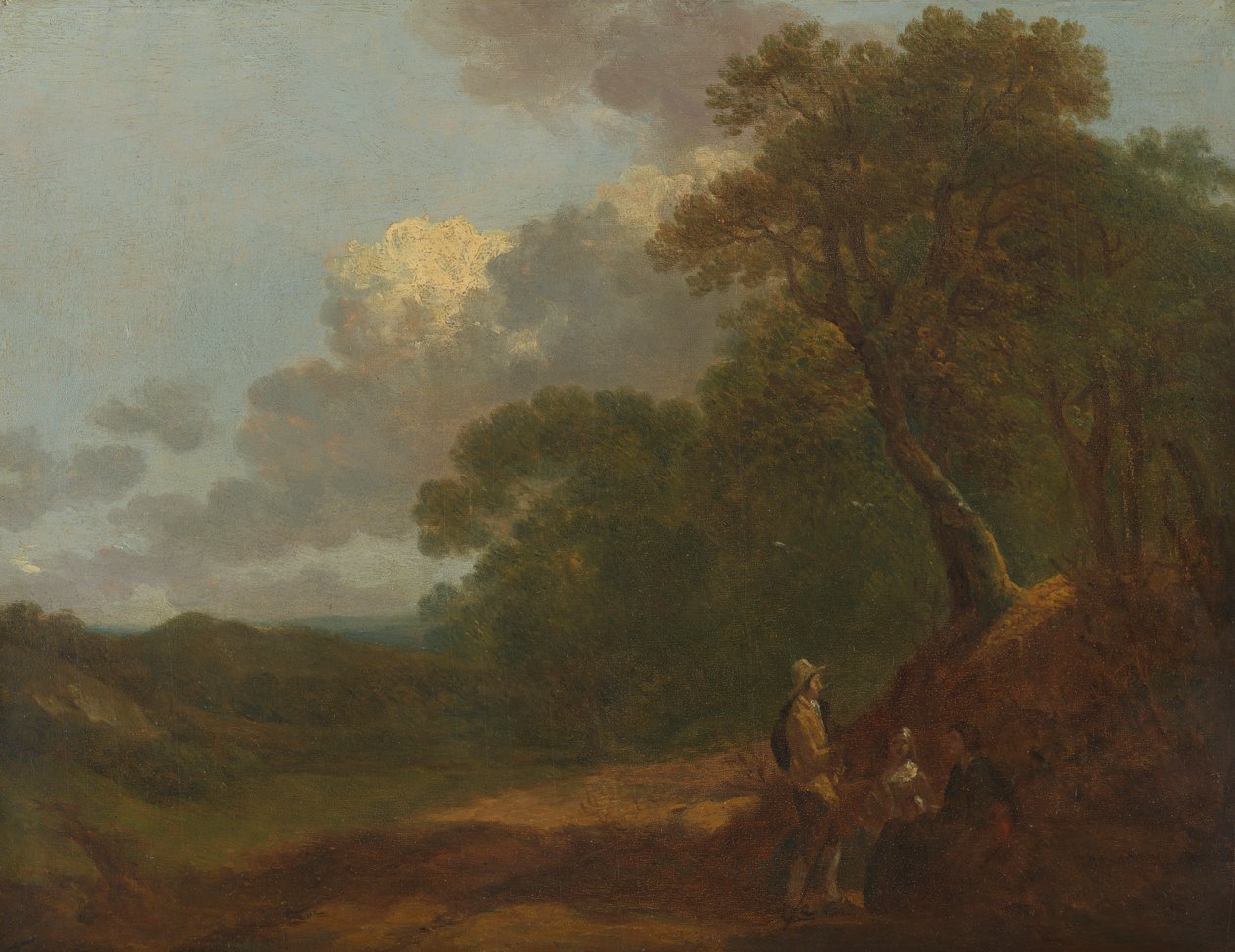 Skovklædt landskab med en mand, der taler med to siddende kvinder af Thomas Gainsborough RA