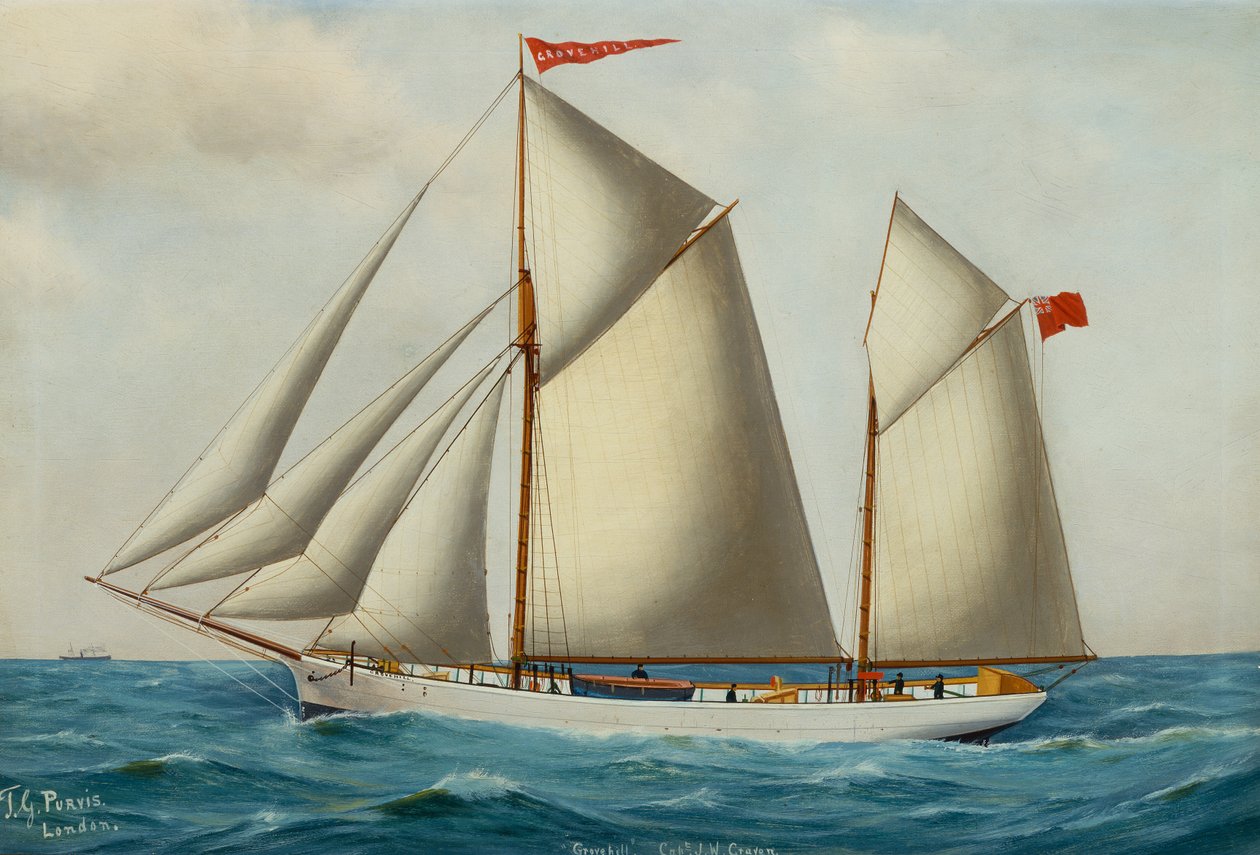 The Fore and Aft Schooner Grovehill in Full Sail (olie på lærred) af Thomas George Purvis