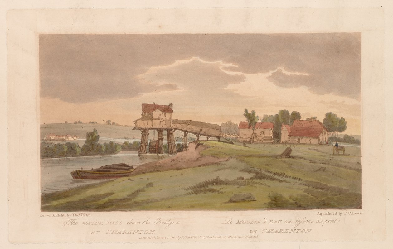 Et udvalg af tyve af de mest maleriske udsigter i Paris: Vandmøllen over broen...1803 af Thomas Girtin