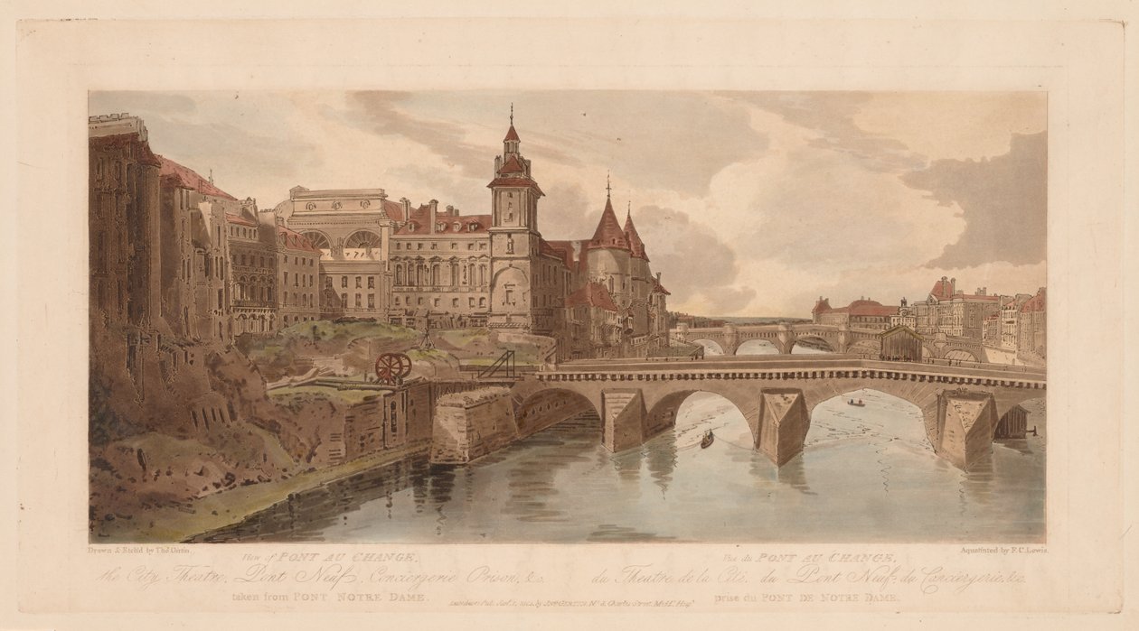 Et udvalg af tyve af de mest maleriske udsigter i Paris: Udsigt over Pont au Change, 1803. af Thomas Girtin