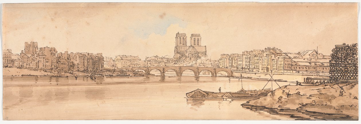 Et udvalg af tyve af de mest maleriske udsigter i Paris: Udsigt over Pont de la Tournelle og Notre Dame taget fra Arsenal af Thomas Girtin