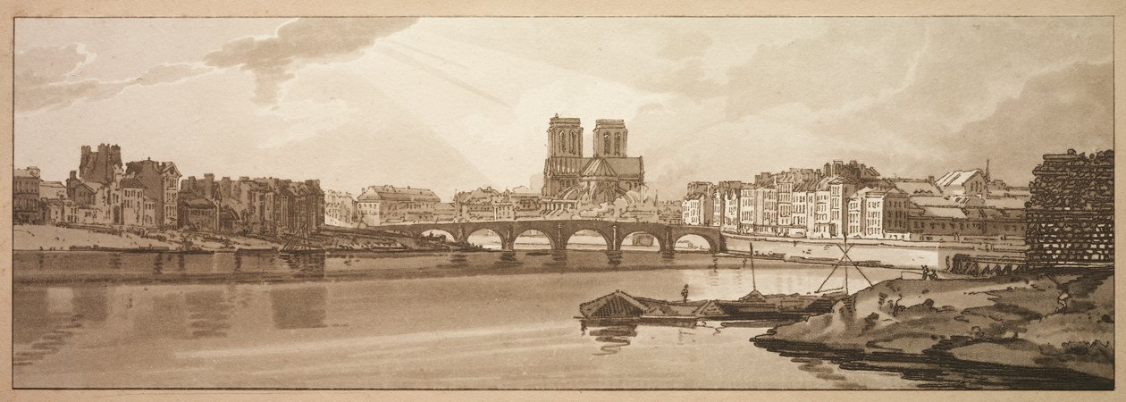 Et udvalg af tyve af de mest maleriske udsigter i Paris: Udsigt over Pont de la Tournelle og Notre Dame taget fra Arsenal af Thomas Girtin