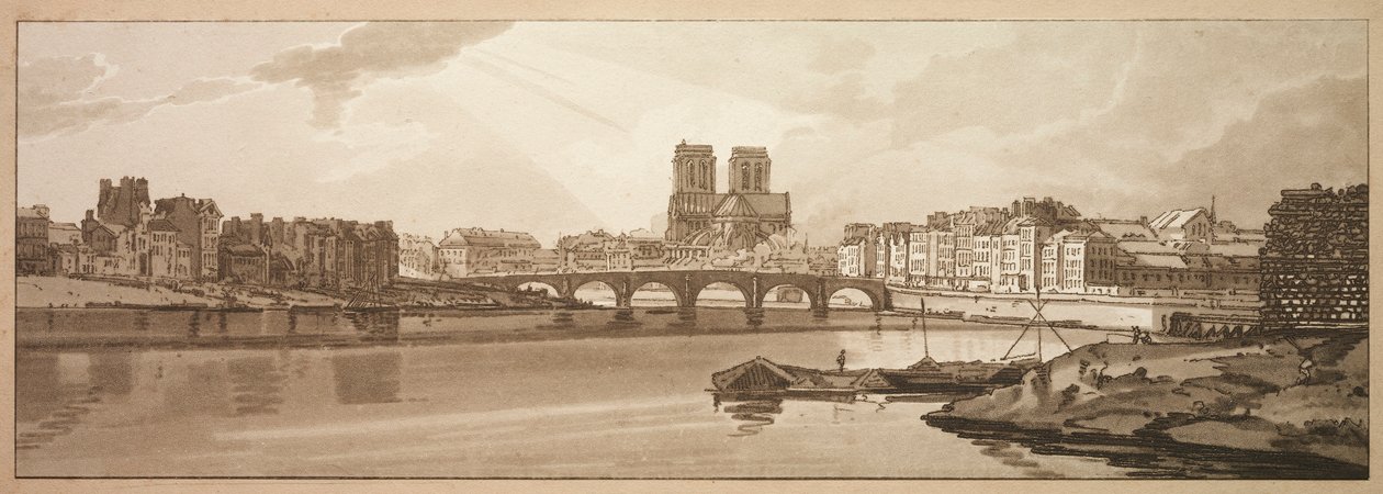 Et udvalg af tyve af de mest maleriske udsigter i Paris: Udsigt over Pont de la Tournelle..., 1802. af Thomas Girtin