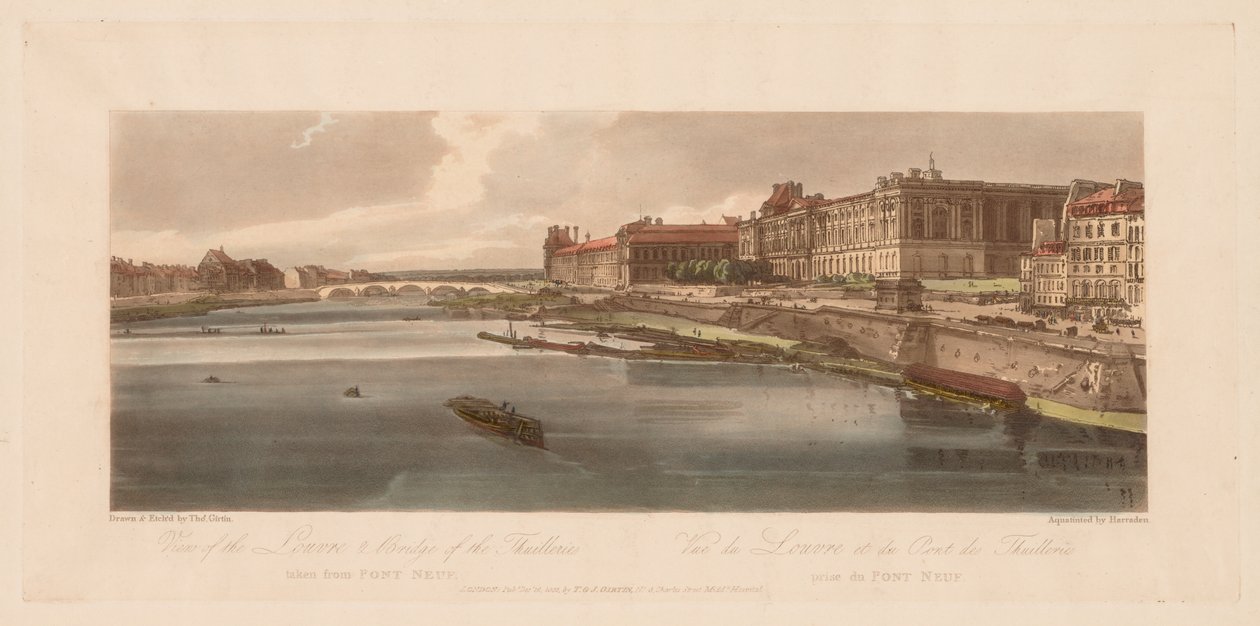 Et udvalg af tyve af de mest maleriske udsigter i Paris: Udsigt over Louvre og broen over Thuilleries taget fra Pont Neuf af Thomas Girtin