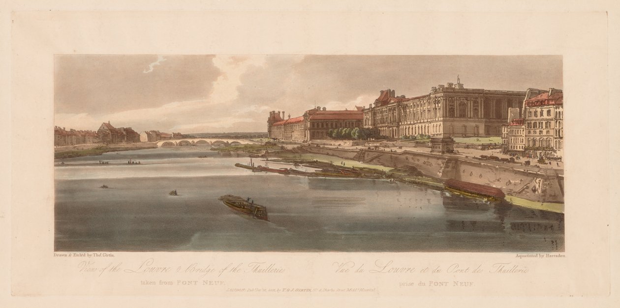 Et udvalg af tyve af de mest maleriske udsigter i Paris: Udsigt over Louvre og broen, 1802. af Thomas Girtin