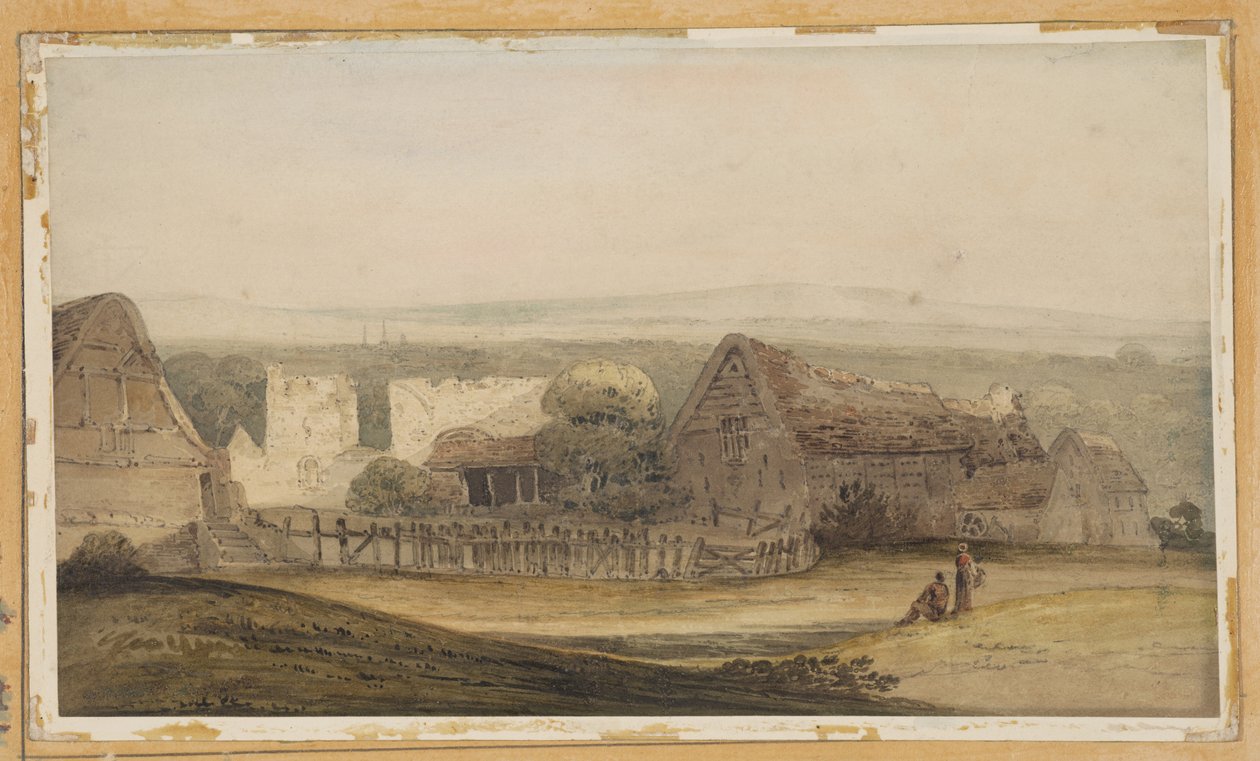 En omfattende bygning med landbrugsbygninger og en kirkeruin af Thomas Girtin