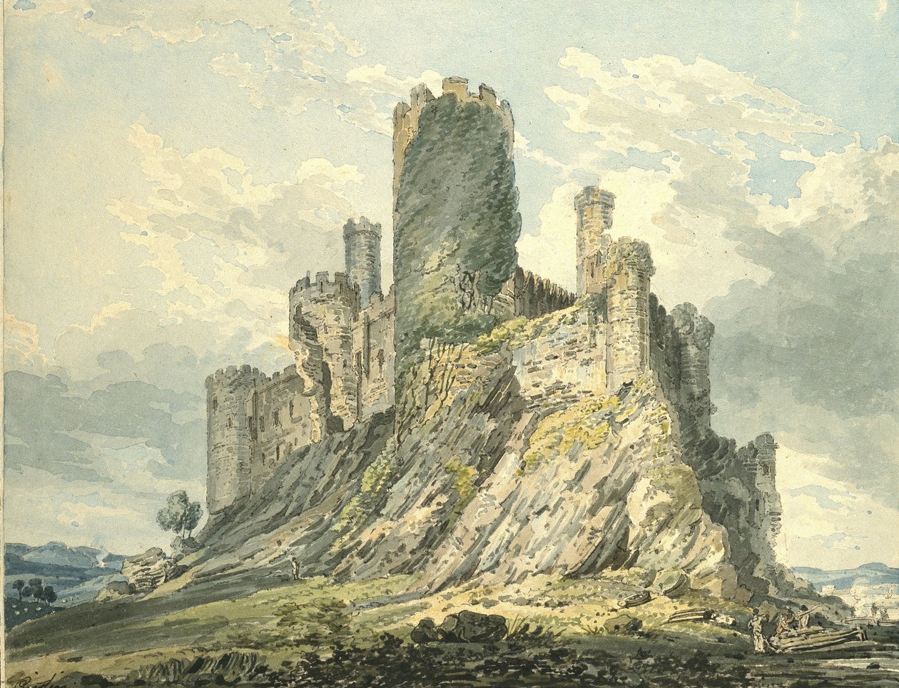 Conway Castle, ca. 1793 (akvarel, rørt med rørpennen, over angivelser i grafit) af Thomas Girtin