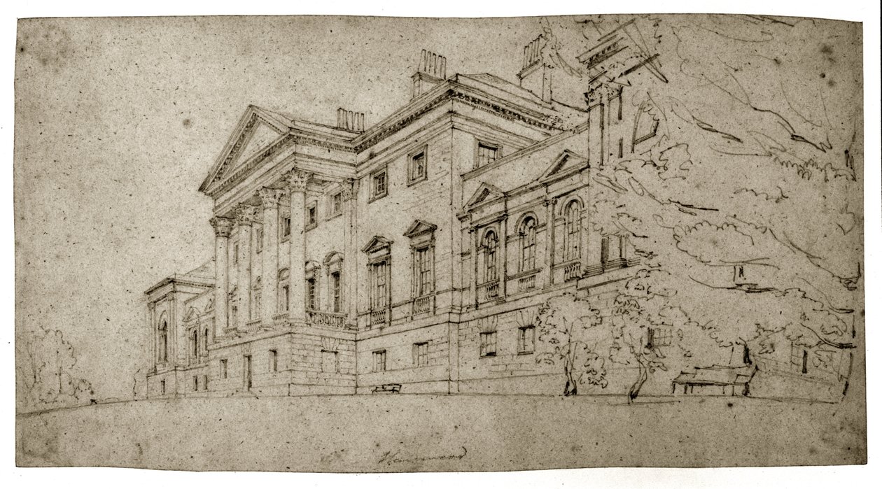 Harewood House, Yorkshire, ca. 1798 (grafit på tekstureret vævet papir) af Thomas Girtin