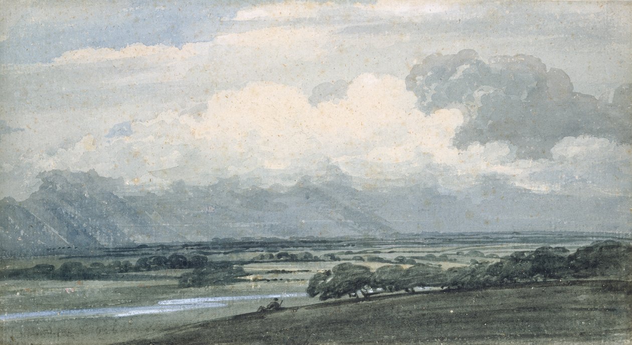 Landskab med stormfuld himmel, ca. 1800 (akvarel og bodycolour på papir) af Thomas Girtin