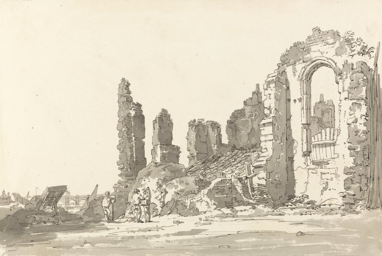 Ruinerne af Savoy Palace, London (pen og blæk med vask på papir) af Thomas Girtin