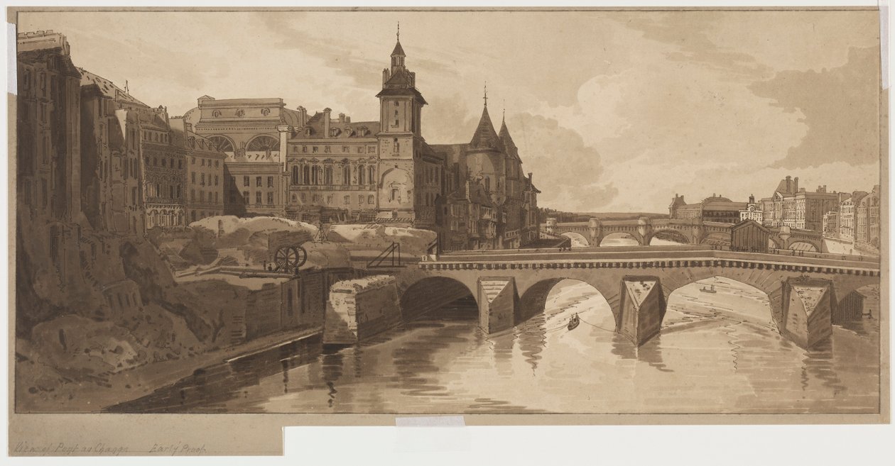 Udvalg af tyve af de mest maleriske udsigter i Paris: Udsigt over Pont au Change, 1802. af Thomas Girtin