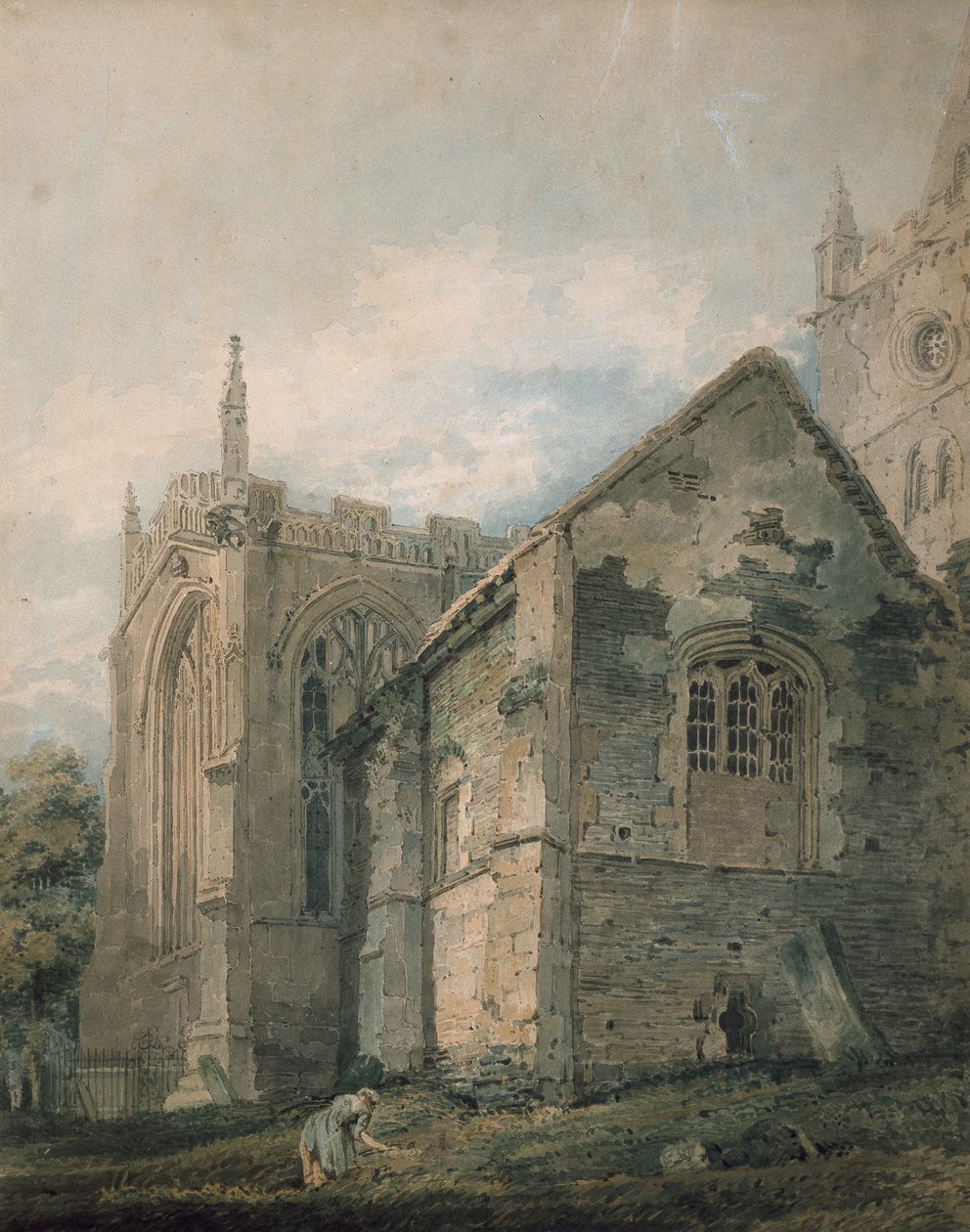 The Ancient Charnel House, Holy Trinity Church, Stratford-upon-Avon (akvarel over indikationer i grafit, rørt med rørpennen) af Thomas Girtin