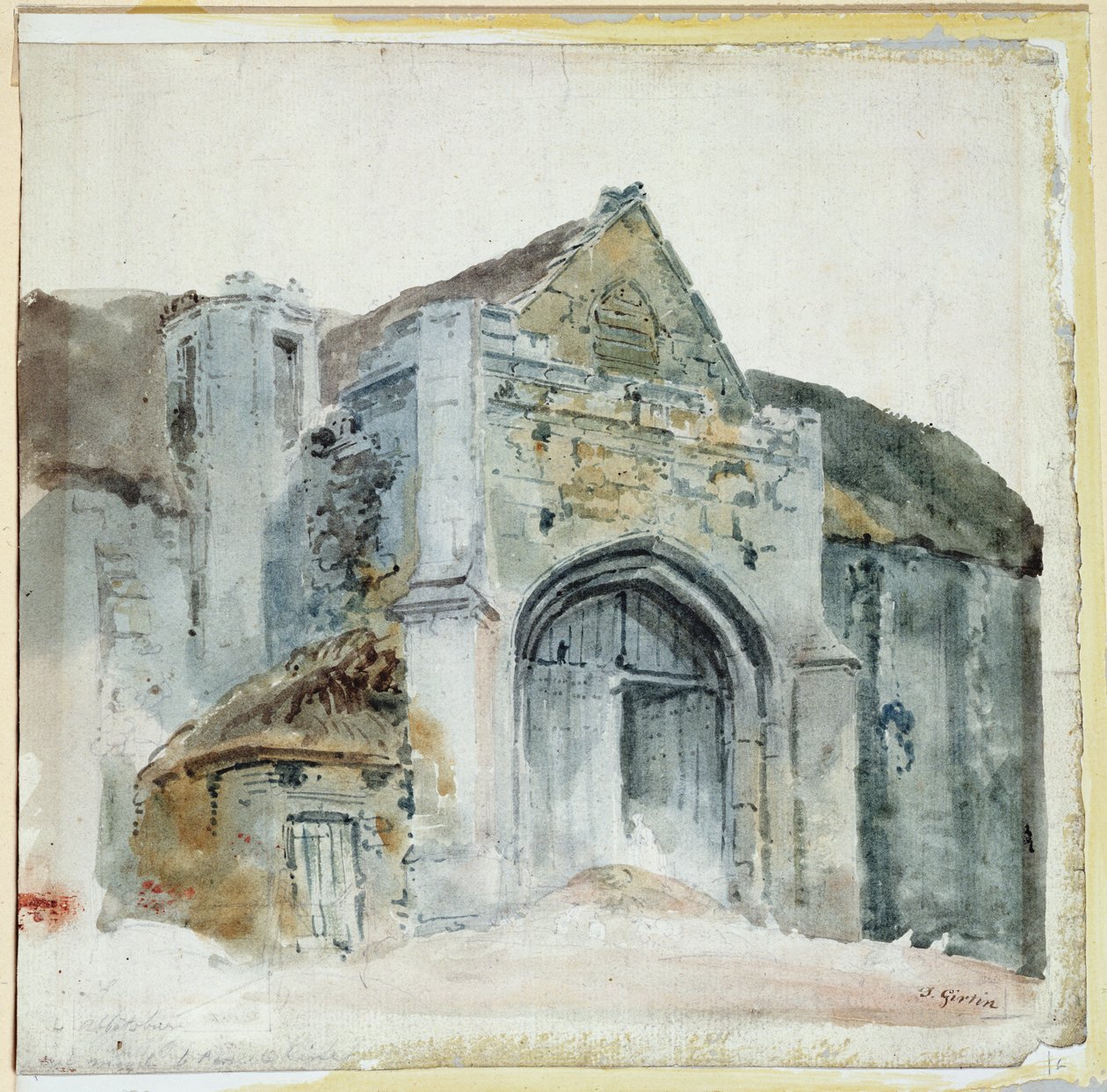 The Tithe Barn, Abbotsbury (akvarel på papir) af Thomas Girtin