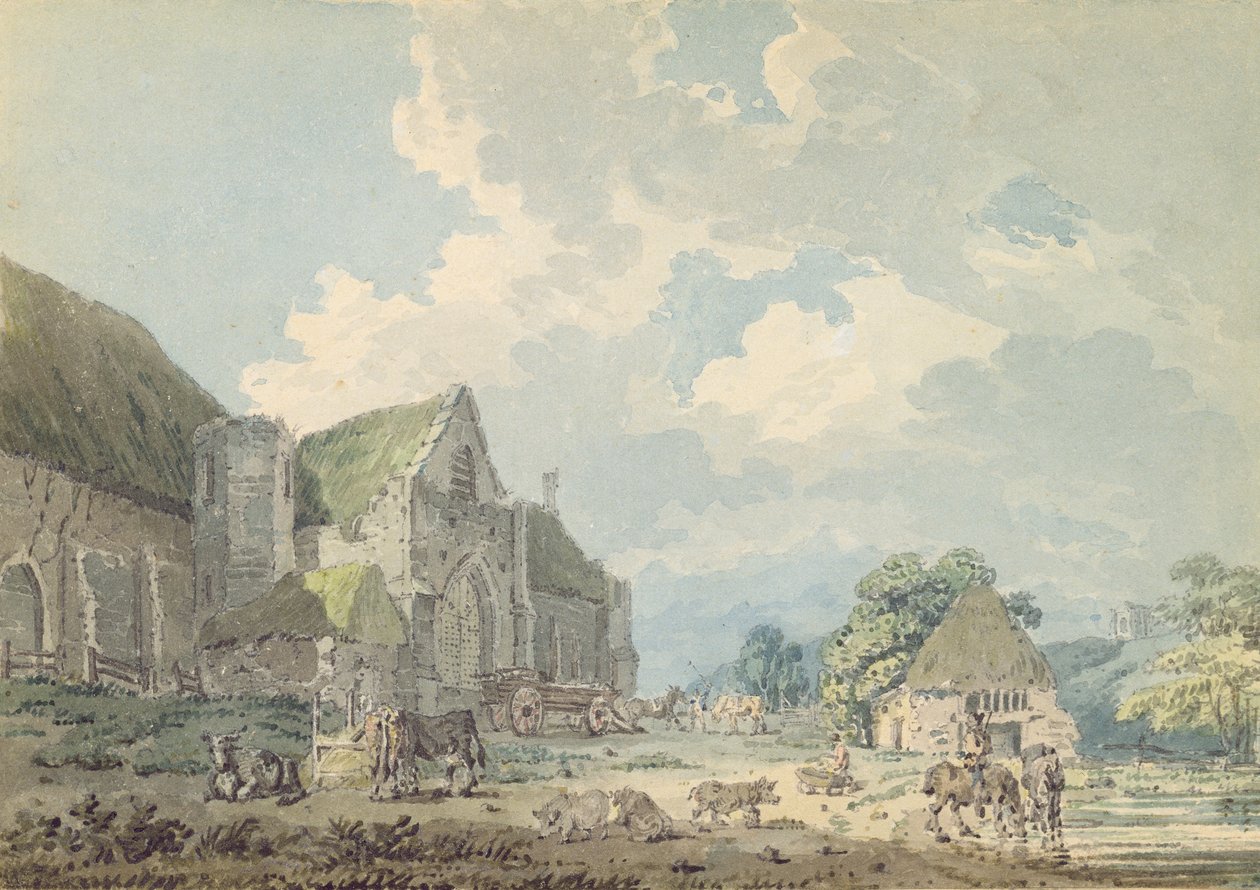 Tithe Barn i Abbotsbury med Abbey på bakken..., ca. 1795 (wc over grafit på papir) af Thomas Girtin
