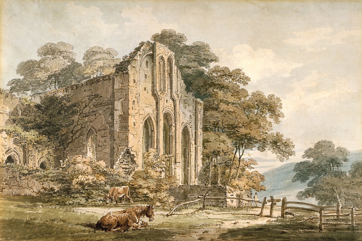 Valle Crucis Abbey, Denbighshire, North Wales (akvarel over blyant på hvidt vævet papir) af Thomas Girtin