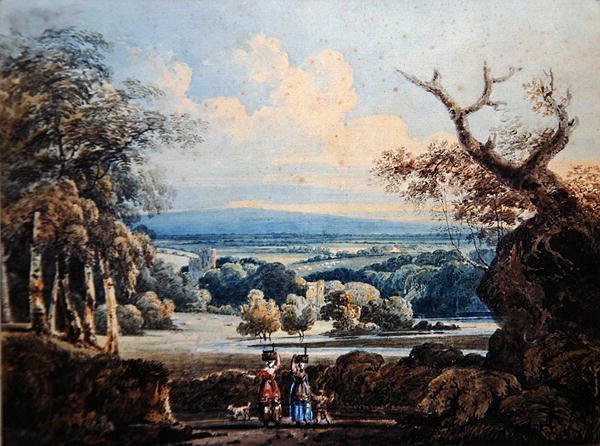 Udsigt over Arundel Slot med landsmænd i forgrunden, ca. 1796 (akvarel på papir) af Thomas Girtin