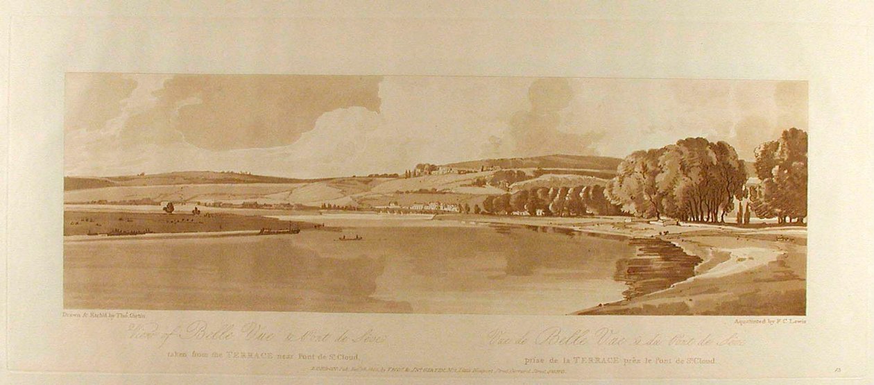 Blick auf Belle Vue & Pont du Sève von der Terrasse in der Nähe von Pont du St. Cloud af Thomas Girtin