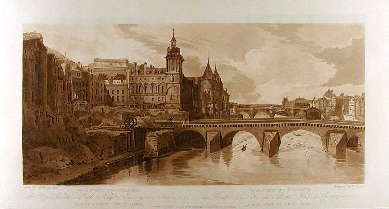 Udsigt over Pont au Change, byteatret, Pont Neuf, Conciergerie-fængslet osv., set fra Pont Notre-Dame af Thomas Girtin