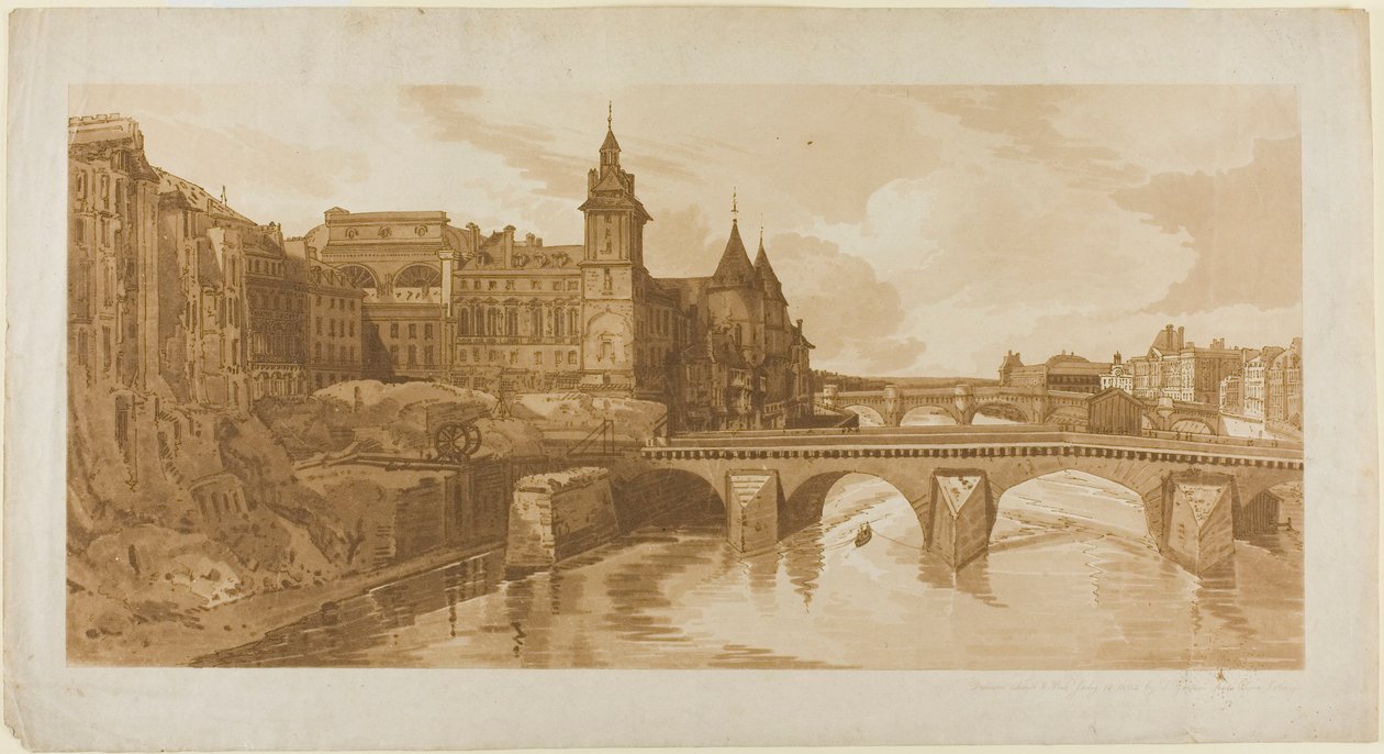 Udsigt over Pont au Change, byteatret, Pont Neuf, Conciergerie-fængslet osv. taget fra Pont Notre Dame, fra et udvalg af tyve af de mest maleriske udsigter i Paris af Thomas Girtin