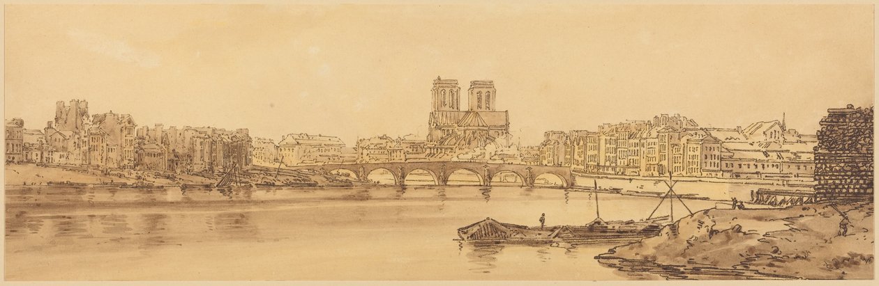 Udsigt over Pont de la Tournelle og Notre-Dame set fra Arsenal: planche 11 af Thomas Girtin