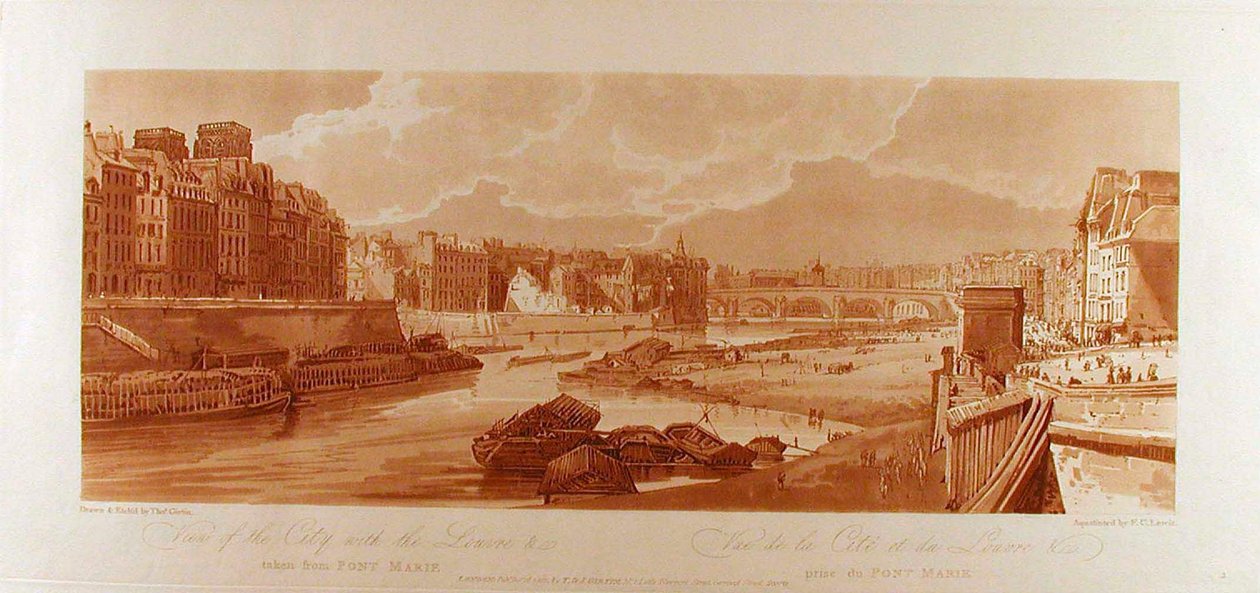 Ansicht der Stadt mit dem Louvre &c vom Pont-Marie aus gesehen af Thomas Girtin