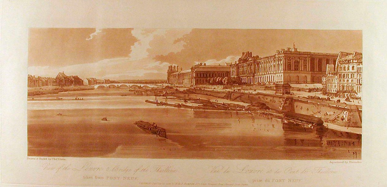Ansicht des Louvre und der Brücke der Thuilleries vom Pont-Neuf aus af Thomas Girtin