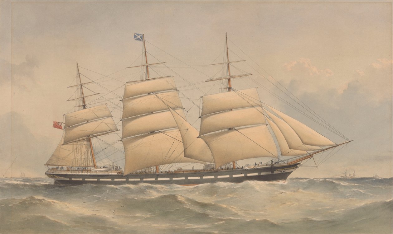 Clipper-skibet Aurora til søs, ca. 1868-74 (litografi, farvelagt) af Thomas Goldsworth Dutton