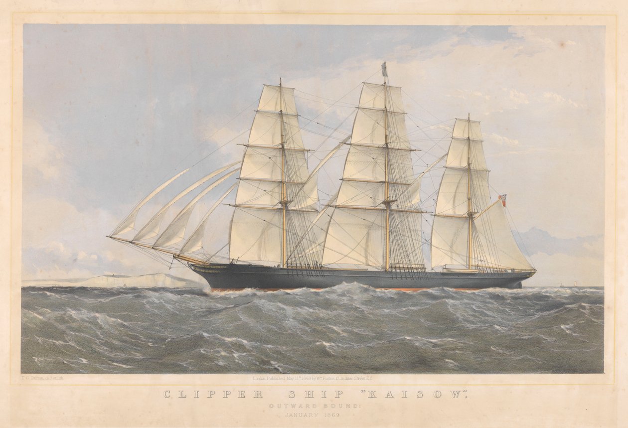 Klippeskibet Kaisow på vej ud, januar 1869, ca. 1868-74 (farvelitografi) af Thomas Goldsworth Dutton