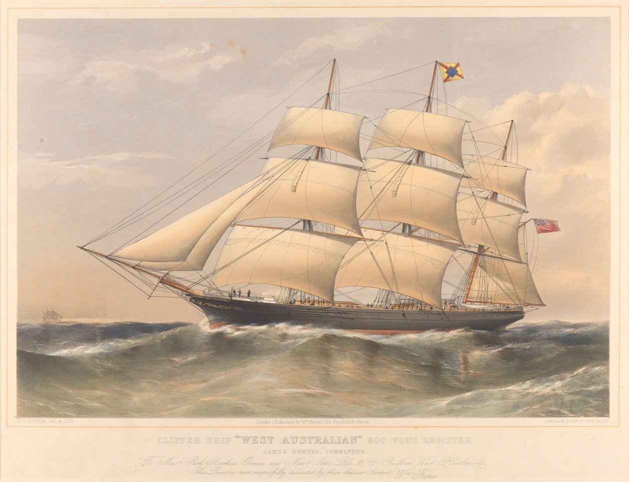 Clipper Ship West Australian 600 Tons Register, ca. 1857-60 (litografi, farvelagt) af Thomas Goldsworth Dutton