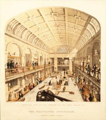 Indvendigt billede af Det Store Galleri ved Polytechnic Institution, Regent Street, ca. 1838 (farve litho) af Thomas Goldsworth Dutton