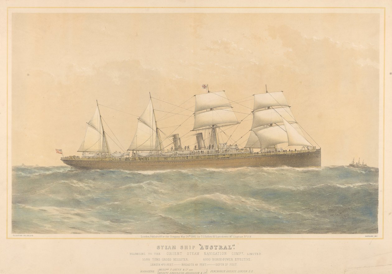 Dampskibet Austral, der tilhører Orient Steam Navigation Company Limited, ca. 1868-74 (farvelitografi) af Thomas Goldsworth Dutton