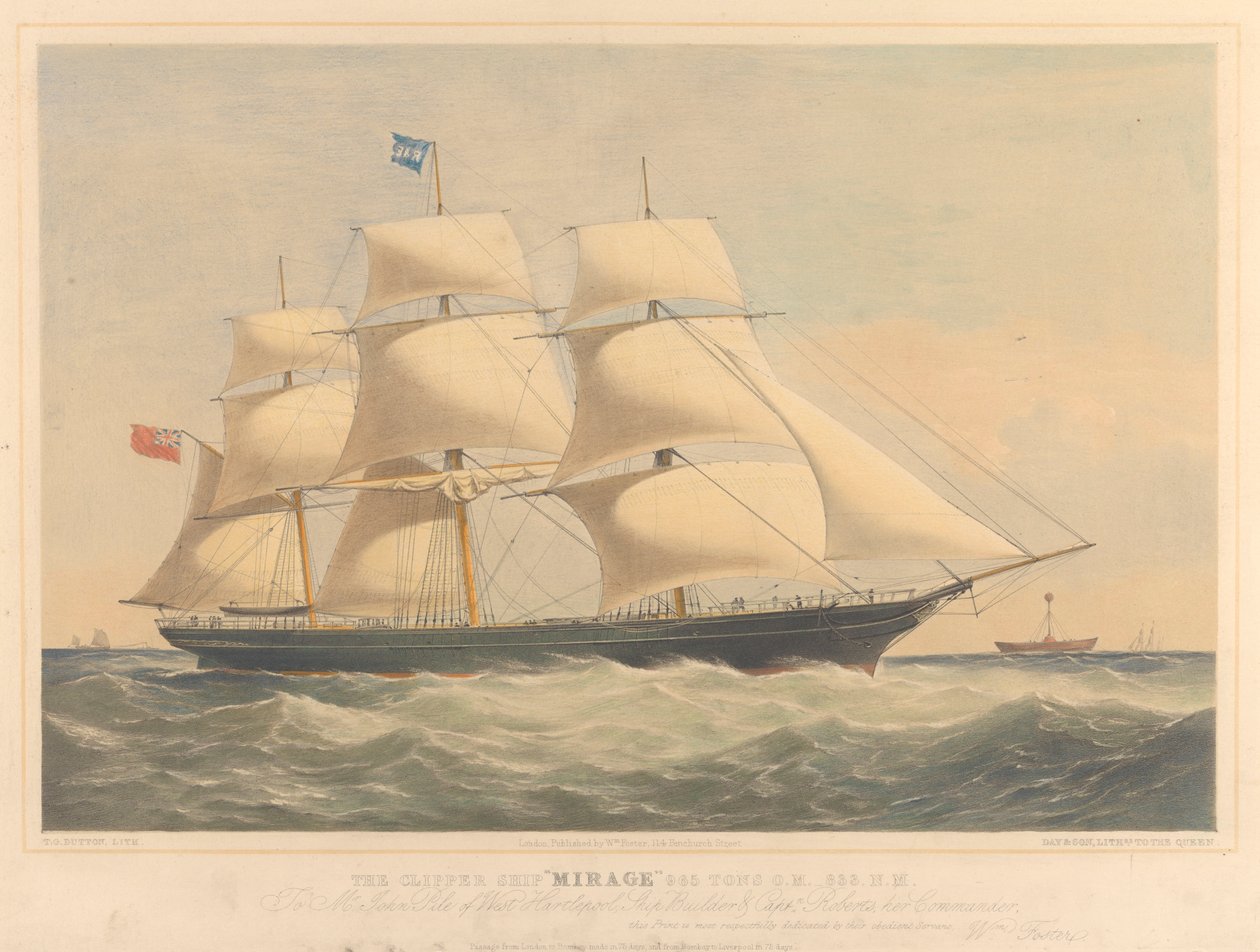 Clipperskibet Mirage, 965 tons, ca. 1853-57 (litografi, farvelagt) af Thomas Goldsworth Dutton