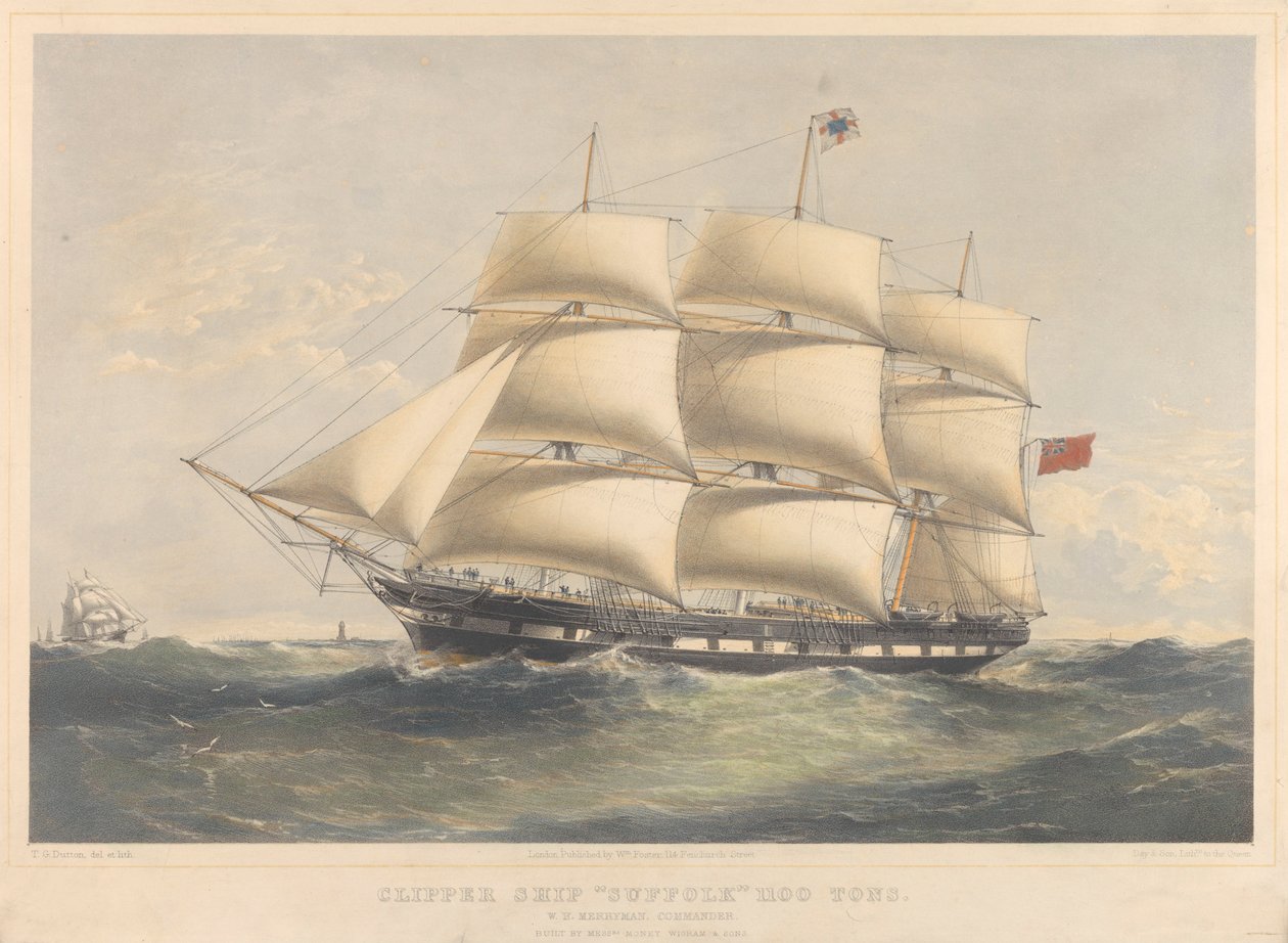 Clipper-skibet Suffolk 1100 tons, ca. 1857-60 (litografi, farvelagt) af Thomas Goldsworth Dutton