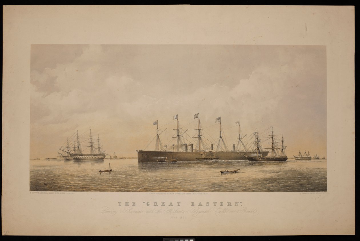 The Great Eastern forlader Sheerness med det atlantiske telegrafkabel om bord juni 1866 (litografi, tonet) af Thomas Goldsworth Dutton