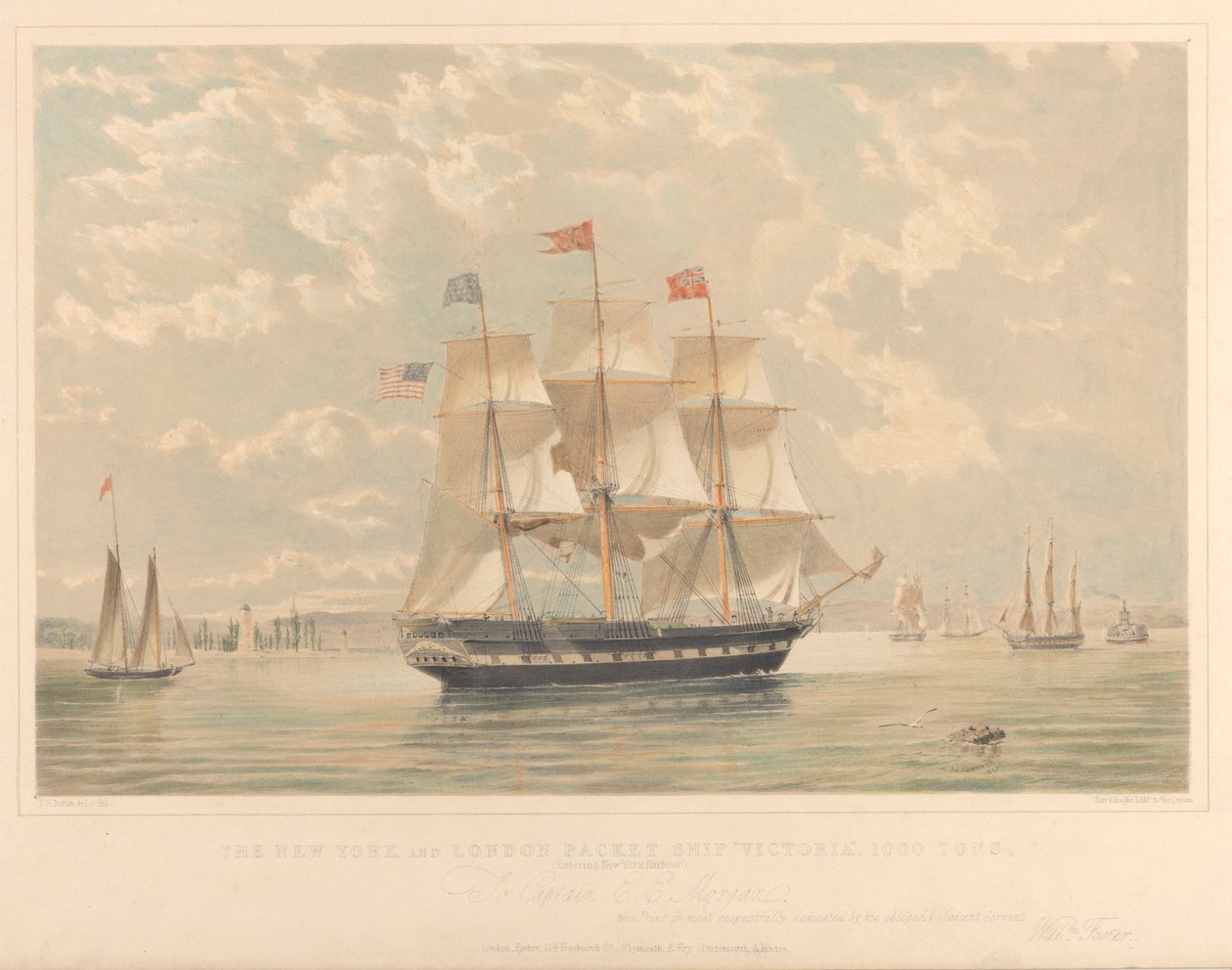 New York and London Packet-skibet Victoria (på vej ind i New Yorks havn), ca. 1839-44 (litografi, farvelagt) af Thomas Goldsworth Dutton