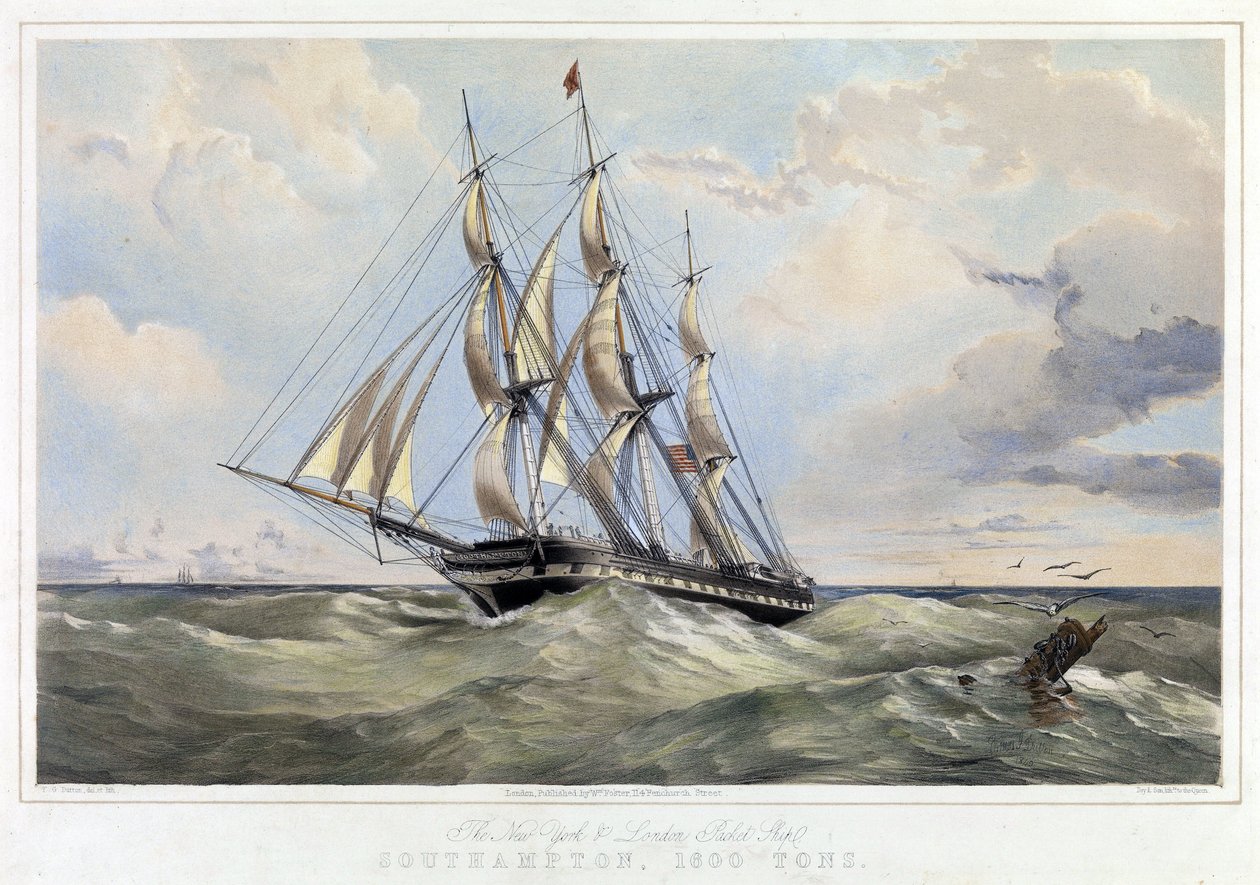 Sejlbåden New York Line (USA) London (England), Southampton (kapacitet 1600 tons). Farvelitografi af Thomas Goldsworth Dutton (1819-1891) af Thomas Goldsworth Dutton