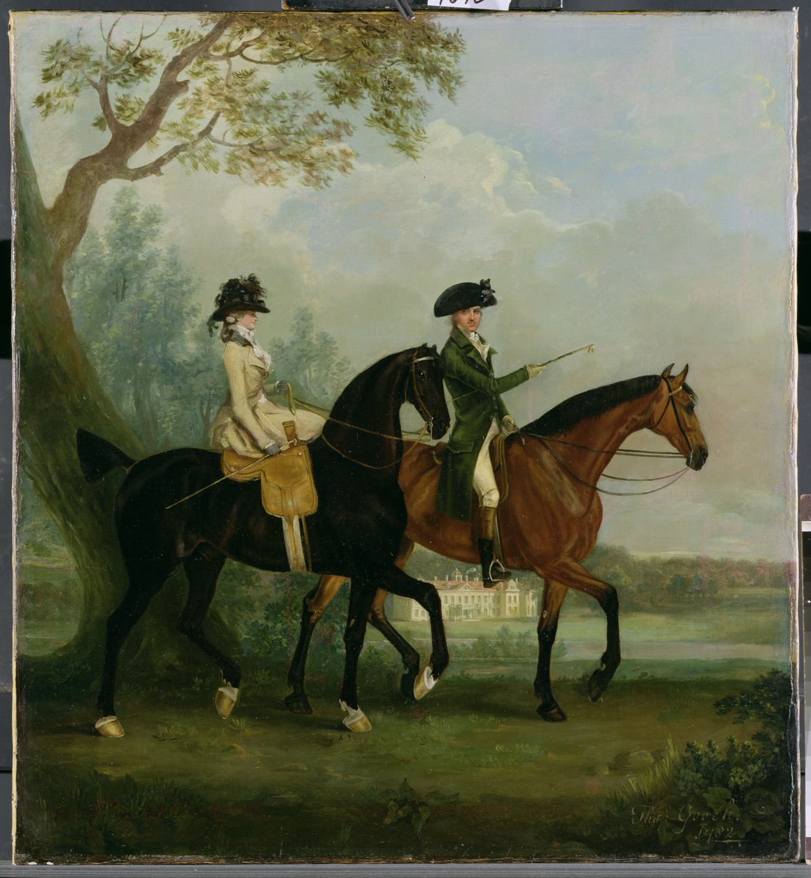 Den Hon. Marcia Pitt rider med sin bror, den hon. George Pitt (senere 2nd Lord Rivers) i Park of Stratfield Saye House, 1782 af Thomas Gooch