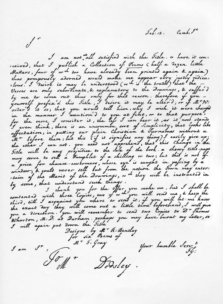 Brev fra Thomas Gray om udgaven af hans poetiske stykker, c1753, 1840 af Thomas Gray