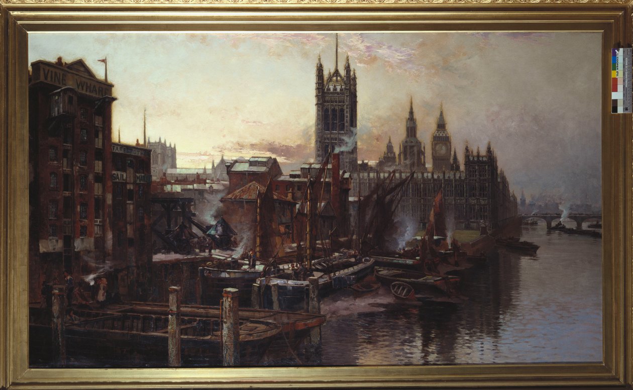 Udsigt over parlamentets huse fra Themsen, London (olie på lærred) af Thomas Greenhalgh