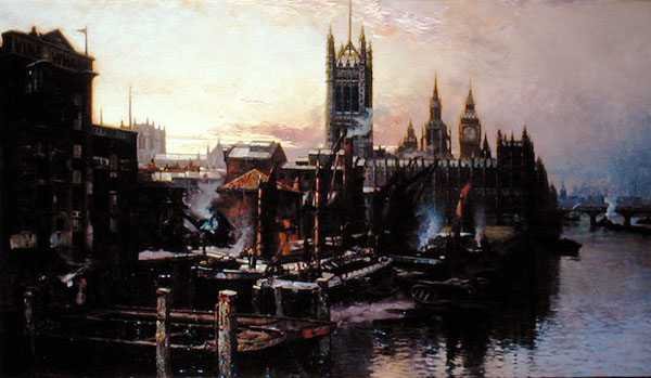 Udsigt over Houses of Parliament fra Themsen, London (olie på lærred) af Thomas Greenhalgh