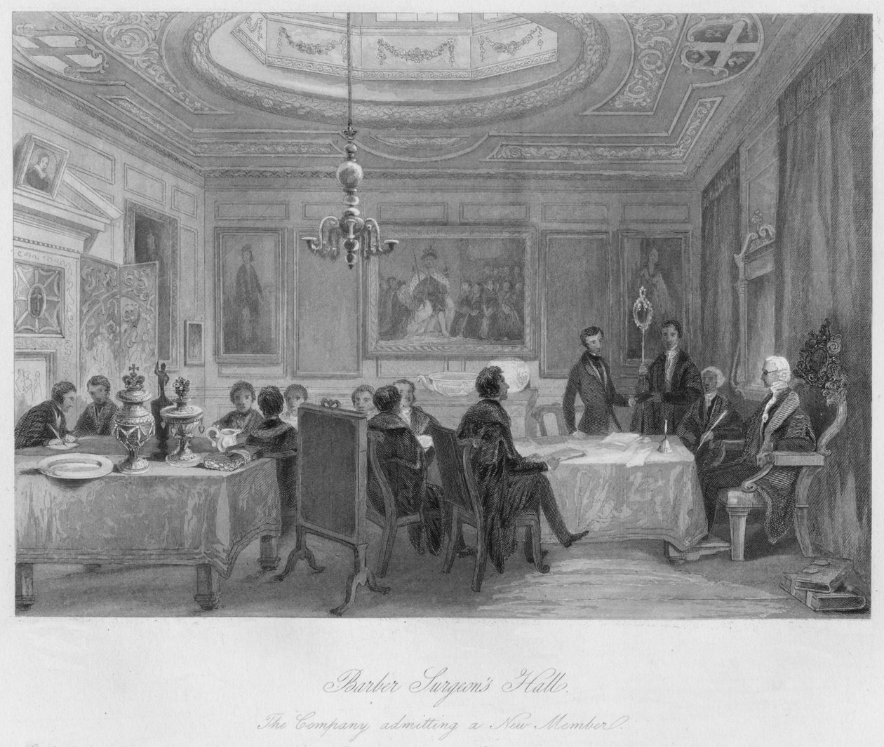 Frisør kirurger Hall. Selskabet optager et nyt medlem, c1841 af Thomas H. Ellis