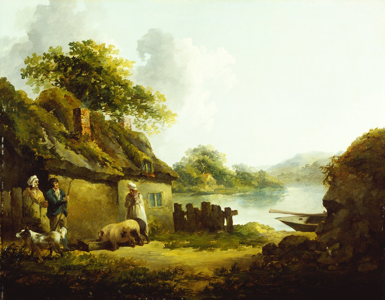 En sigøjnerfamilie uden for en lade i et landskab (olie på lærred) af Thomas Hand