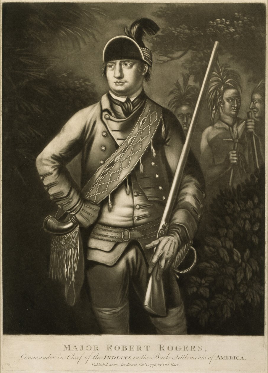Major Robert Rogers, øverstkommanderende for indianerne i de bagerste bosættelser i Amerika, ca. 1776 (mezzotint) af Thomas Hart